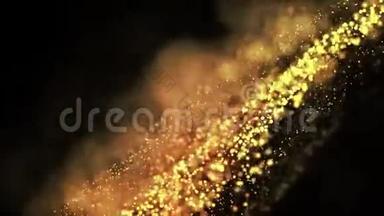 液体中的金<strong>粒</strong>子漂浮和闪烁。 背景有闪闪发光的<strong>金色粒</strong>子，景深和波克。 卢马